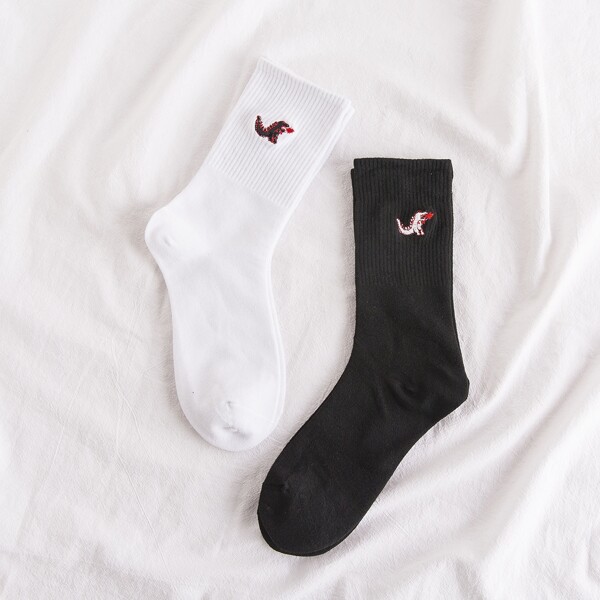 2pairs Men Cartoon Embroidery Socks, Black and white