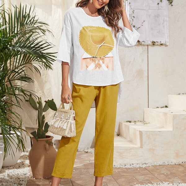 

Figure Graphic Dip Hem Top & Pants Set, Multicolor