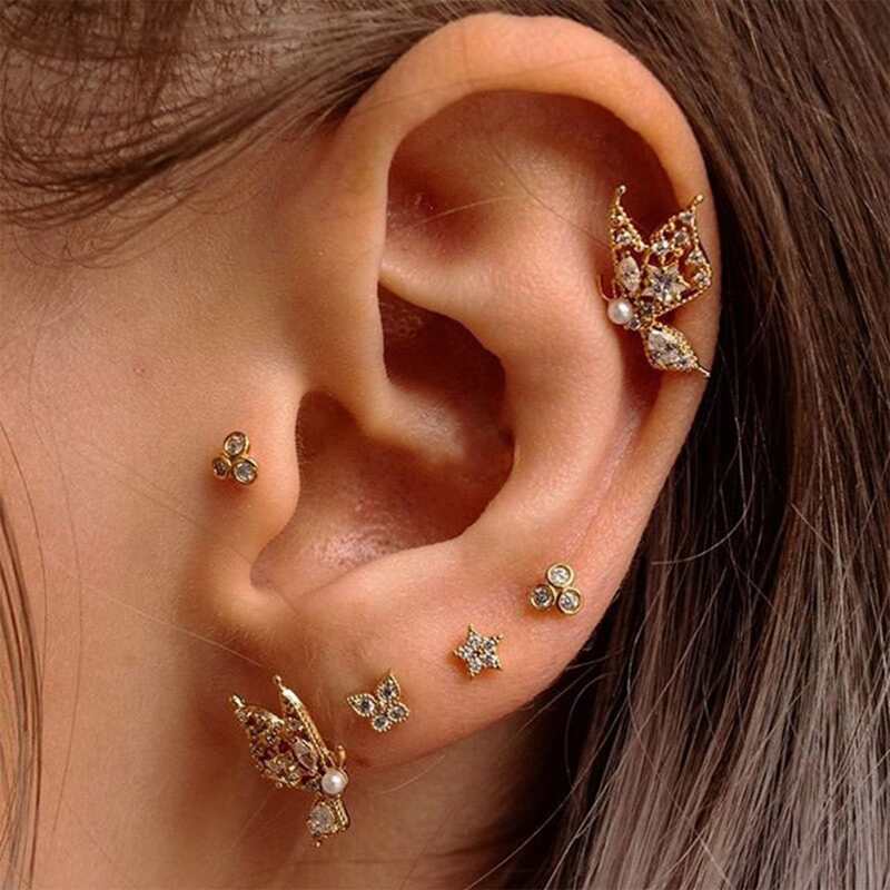 

6pcs Rhinestone Butterfly Stud Earrings, Gold