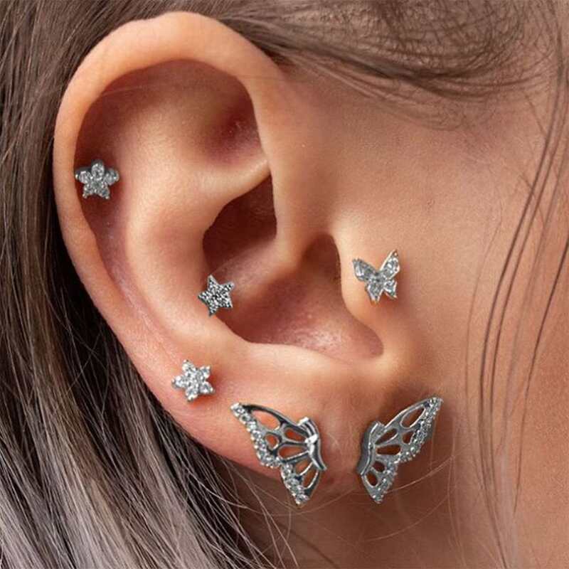 

6pcs Rhinestone Butterfly Stud Earrings, Silver