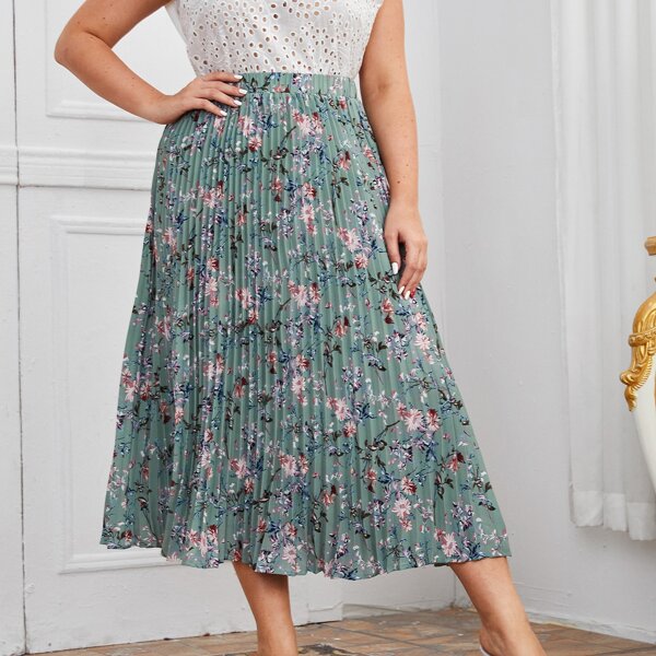 

Plus Floral Print Pleated Skirt, Green