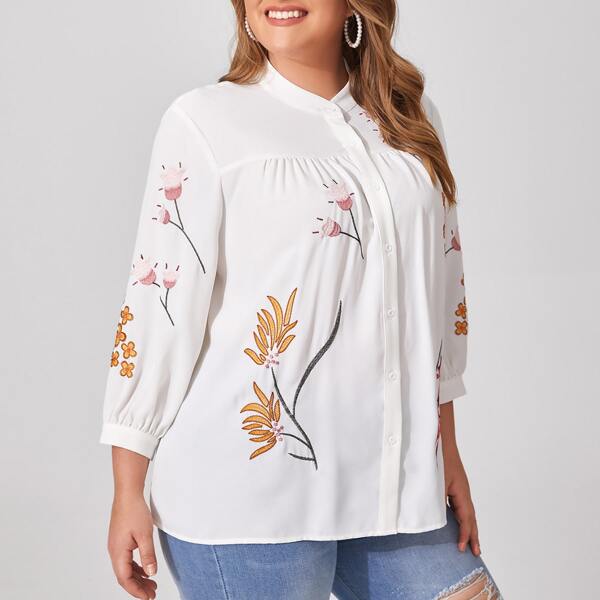 

Plus Single Breasted Floral Embroidered Blouse, White