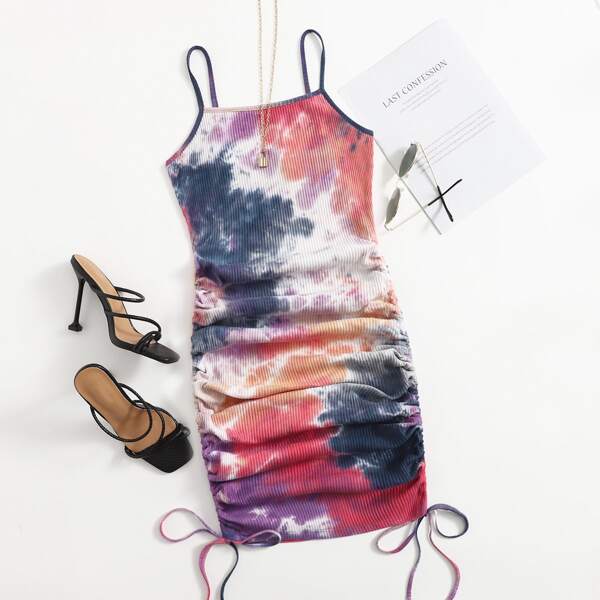 Drawstring Knot Ruched Side Tie Dye Dress, Multicolor