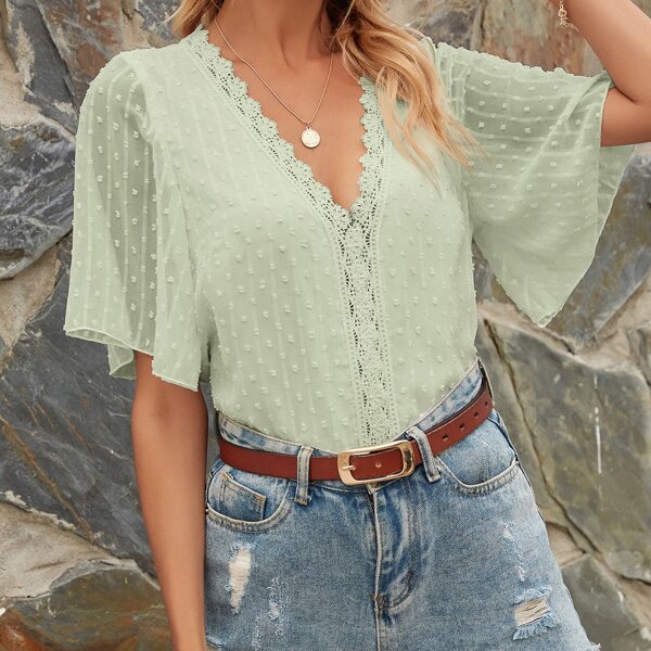 

Swiss Dot Contrast Lace Blouse, Mint green