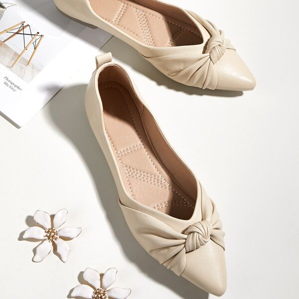 

Point Toe Knot Decor Flats, Beige