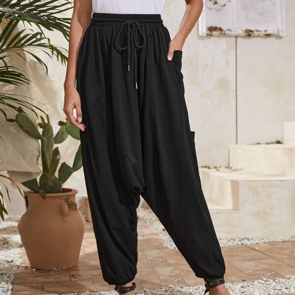 Drawstring Waist Patch Pocket Joggers, Black