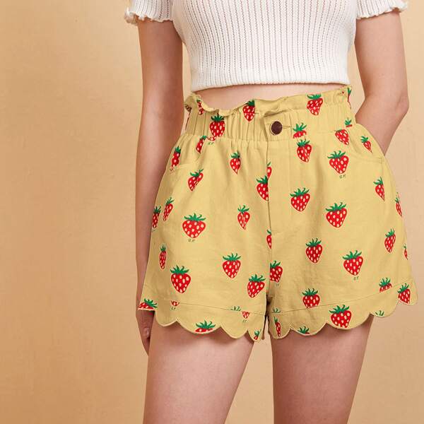 

Paperbag Waist Scallop Hem Strawberry Print Shorts, Yellow