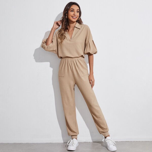 

Lantern Sleeve Waffle Knit Top & Joggers Set, Apricot