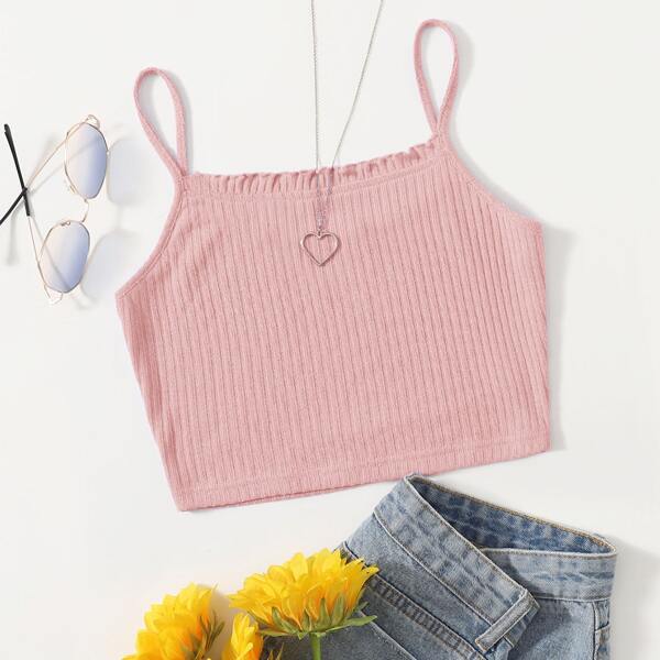 

Frill Trim Rib-knit Crop Cami Top, Coral pink