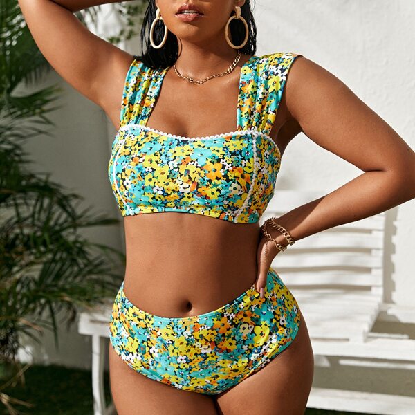 

Plus Ditsy Floral High Waisted Bikini Swimsuit, Multicolor