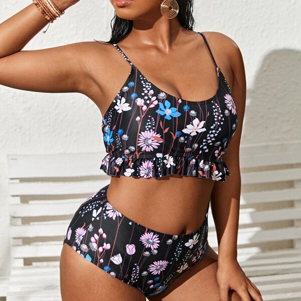 

Plus Floral Pattern Ruffle Hem Bikini Swimsuit, Multicolor