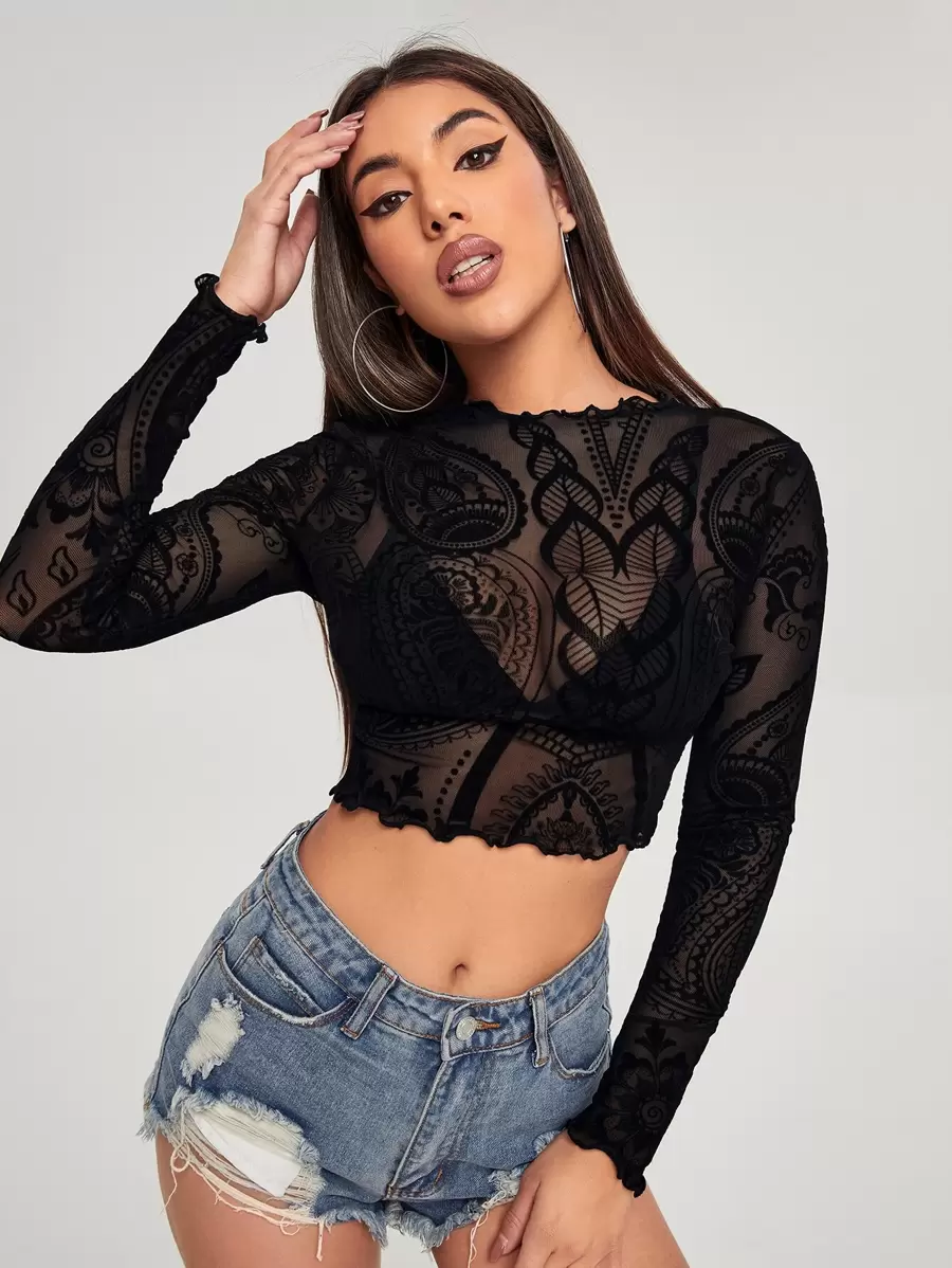 SHEIN Essnce Top corto de malla con flocado ribete en forma de lechuga - Negro - Ver 1