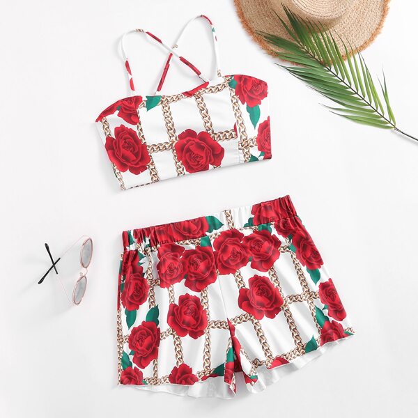 

Plus Floral Pattern Shorts Bikini Swimsuit, Multicolor