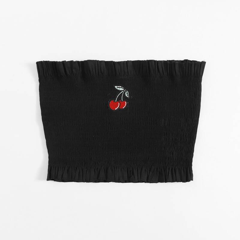 

Cherry Embroidery Shirred Frill Crop Tube Top, Black