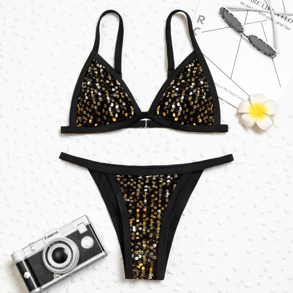 

Sequin Triangle Thong Bikini Swimsuit, Yellow