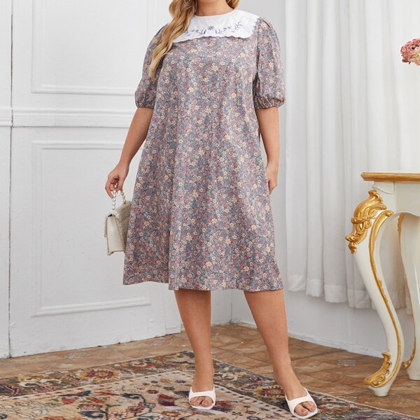 

Plus Contrast Embroidered Collar Ditsy Floral Dress, Multicolor