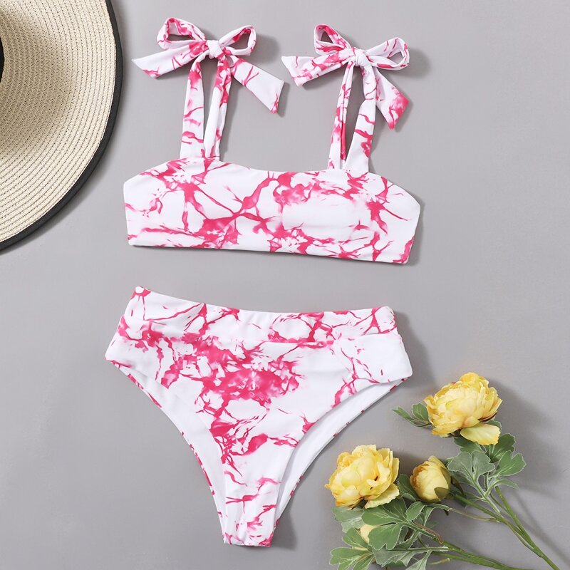 

Marble Pattern Tie Shoulder Bikini Swimsuit, Multicolor