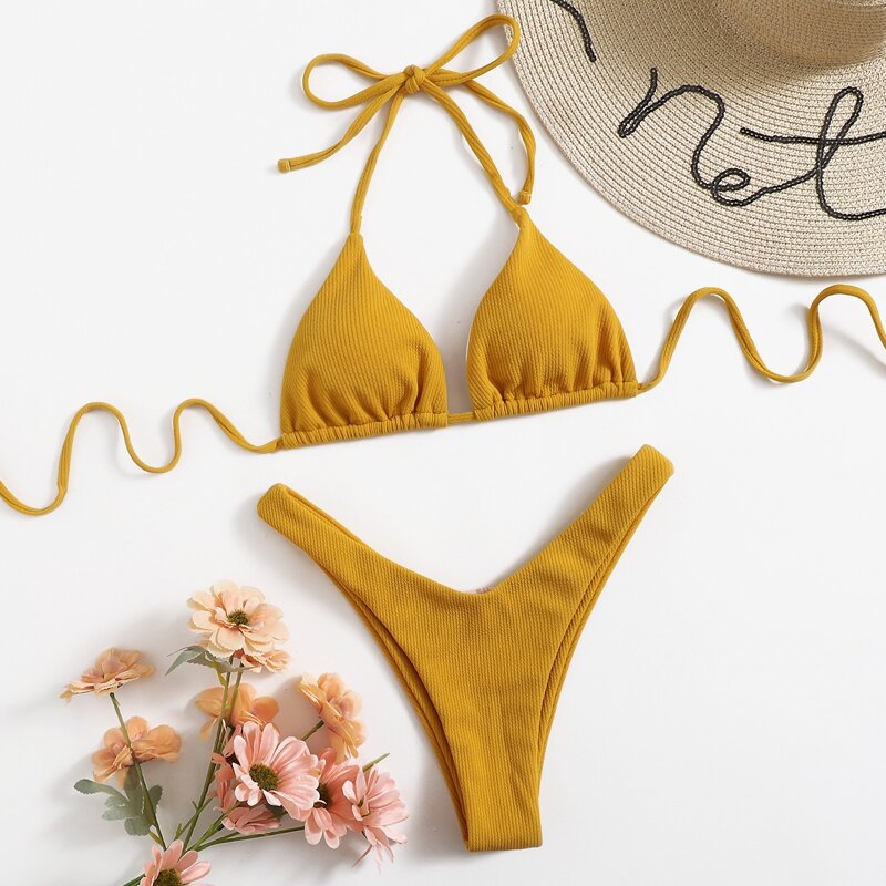 

Triangle High Leg Bikini Swimsuit, Yellow