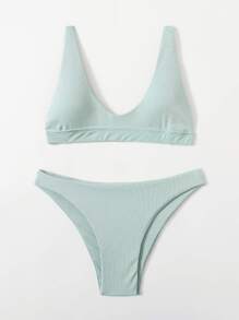 夏季海灘假期用基本圓領比基尼套裝 - 綠色 - 查看 1