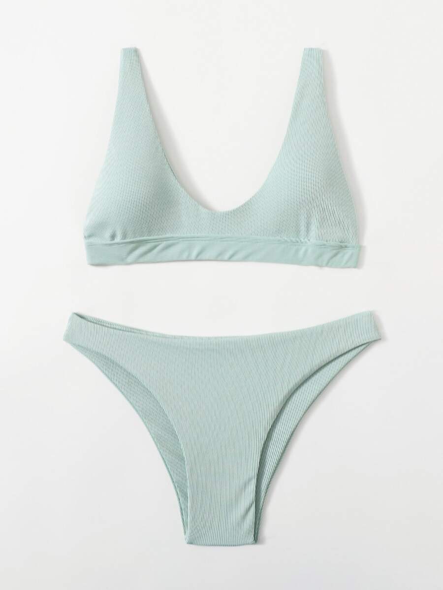 夏季海灘假期用基本圓領比基尼套裝 - 綠色 - 查看 1