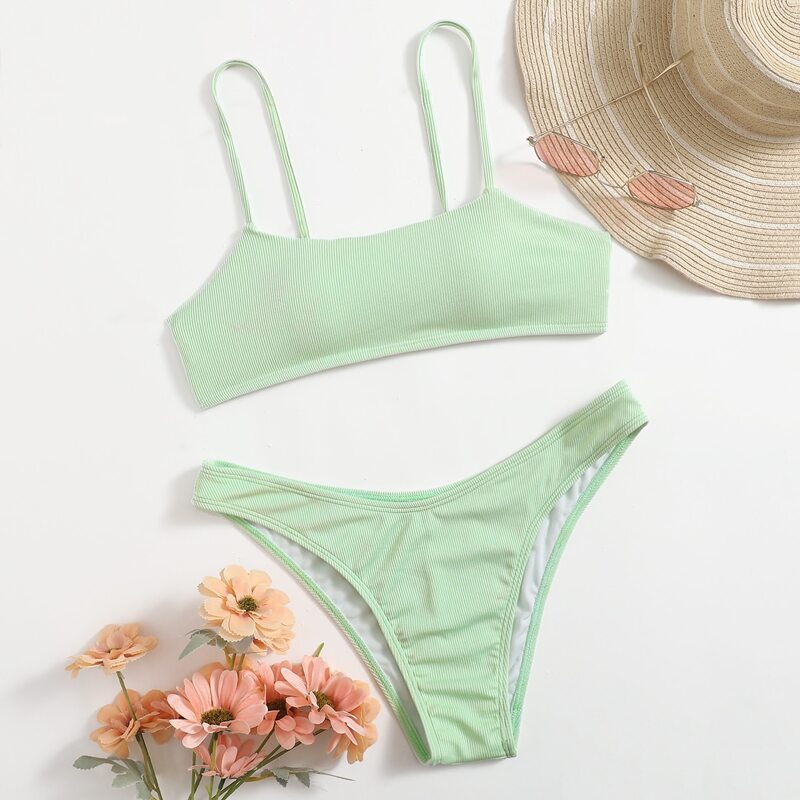 

Ribbed Cami Bikini Swimsuit, Green