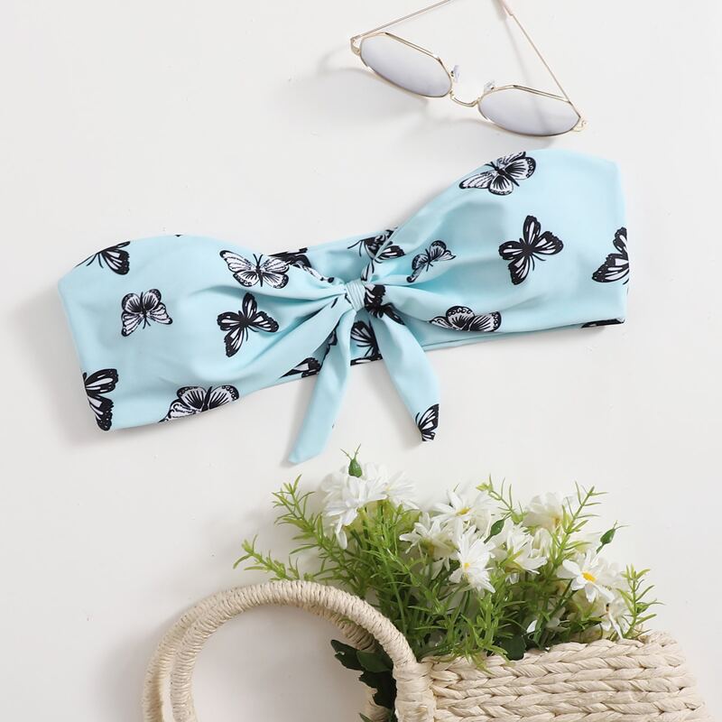 

Butterfly Print Knot Bikini Top, Baby blue