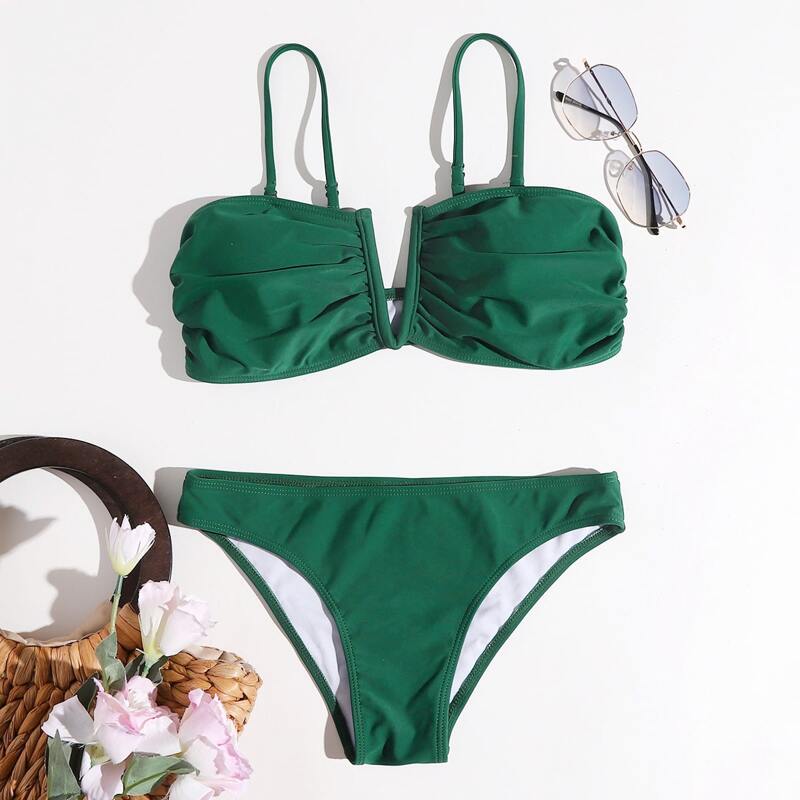 

V-wired Ruched Bikini Swimsuit, Green