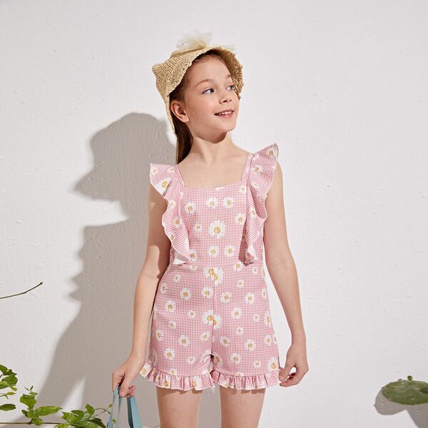 

Girls Ruffle Trim Daisy & Gingham Romper, Baby pink