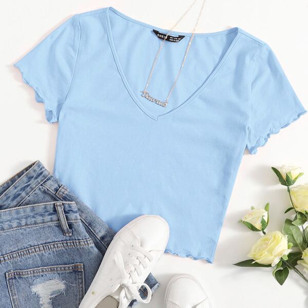 

V-Neck Lettuce Trim Top, Pastel baby blue
