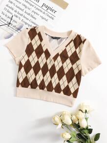 SHEIN EZwear Argyle Print Tee - Multicolor - View 1