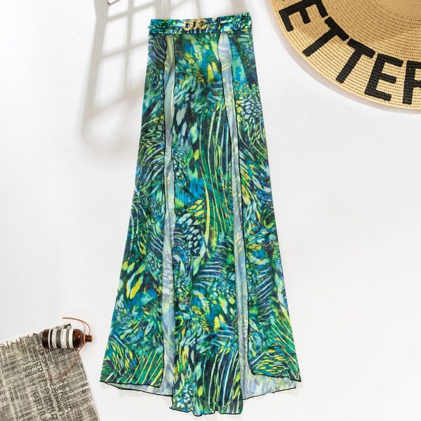 

Tropical Chain Decor Side Split Cover Up, Green