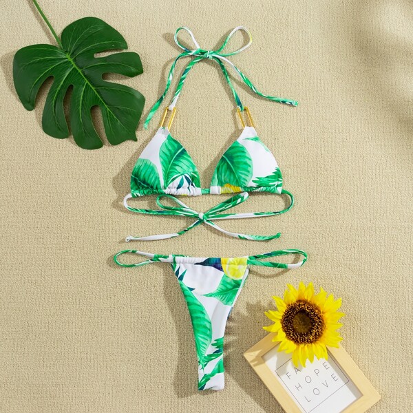 

Plant Print Micro Triangle Thong Bikini Swimsuit, Multicolor