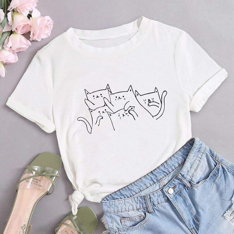 

Cartoon Cat Graphic Tee, White