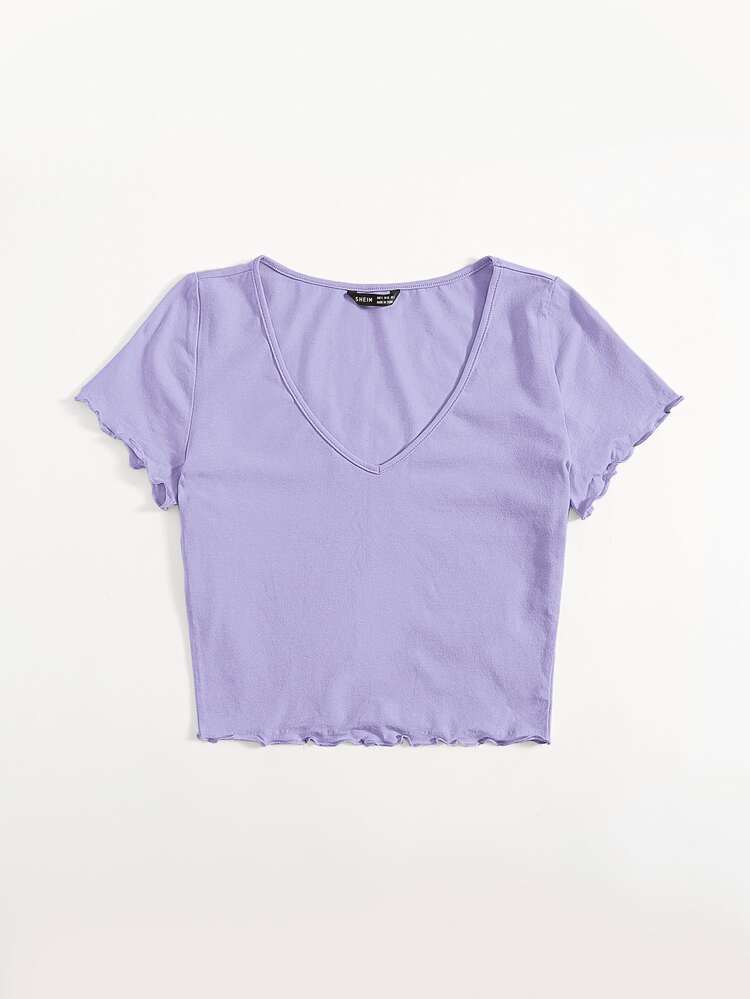 SHEIN Qutie V-Neck Lettuce Trim Top - Lilac Purple - View 3