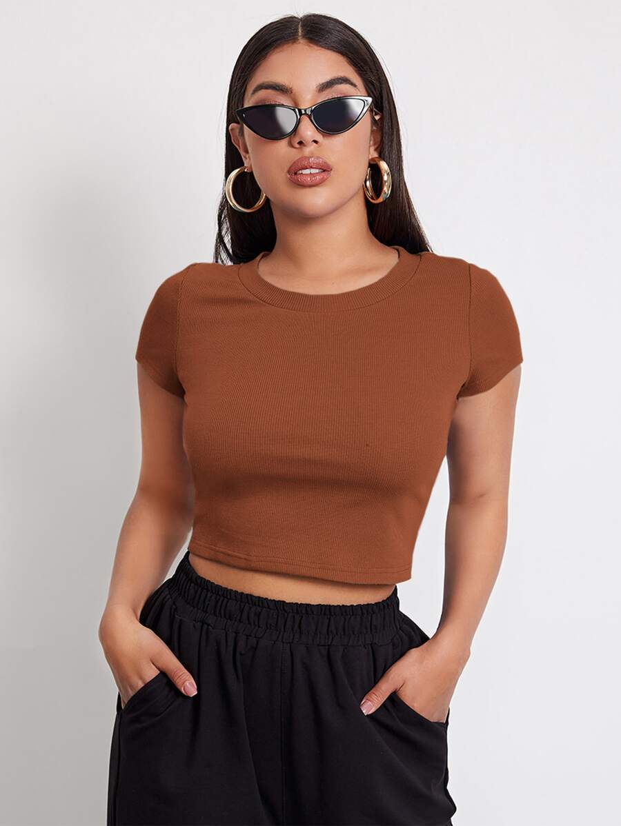 SHEIN EZwear Rib-knit Crop Top - Rust Brown - View 1