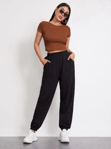 SHEIN EZwear Rib-knit Crop Top - Rust Brown - View 3