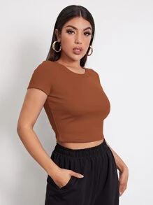 SHEIN EZwear Rib-knit Crop Top - Rust Brown - View 4