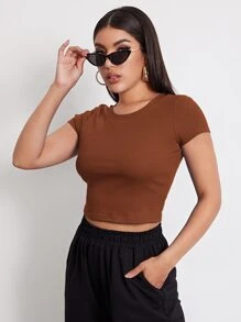SHEIN EZwear Rib-knit Crop Top - Rust Brown - View 5