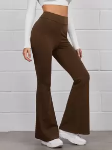 SHEIN EZwear Flare Leg Solid Trousers - Chocolate Brown - View 1