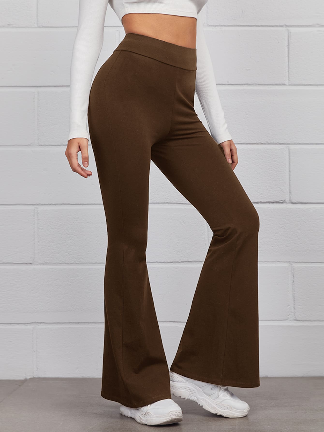 SHEIN EZwear Flare Leg Solid Trousers - Chocolate Brown - View 1
