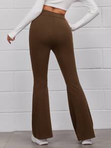 SHEIN EZwear Flare Leg Solid Trousers - Chocolate Brown - View 2