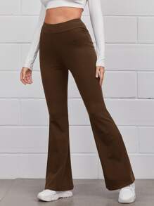 SHEIN EZwear Flare Leg Solid Trousers - Chocolate Brown - View 4