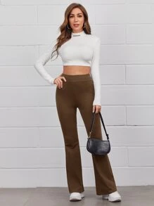 SHEIN EZwear Flare Leg Solid Trousers - Chocolate Brown - View 5