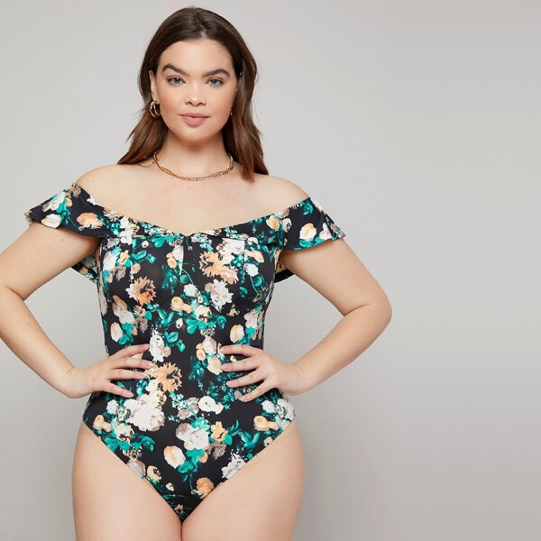 

Plus Flounce Off Shoulder Floral Print Bodysuit, Multicolor