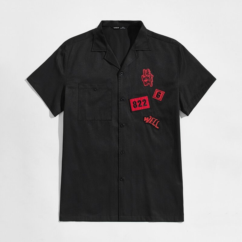 

Guys Revere Collar Patch Detail Shirt, Black