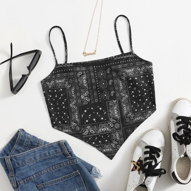 

Paisley Print Asymmetrical Hem Crop Cami Top, Black