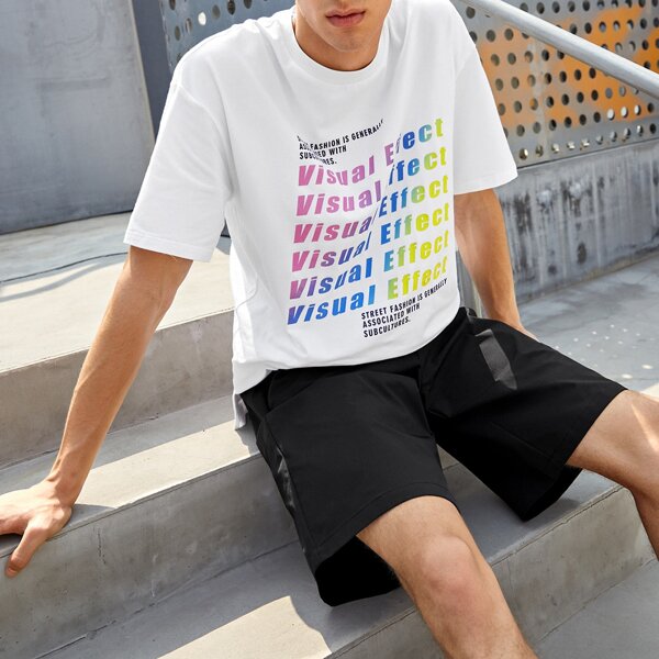 

Men Drop Shoulder Slogan Graphic Top & Shorts Set, Black and white