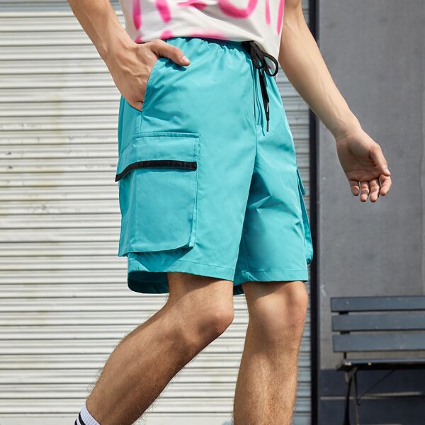 

Men Drawstring Waist Flap Pocket Shorts, Mint blue