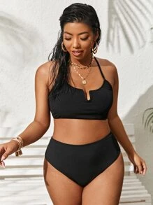 SHEIN Swim Curve 夏季大码罗纹比基尼套装系带后背 V 形钢圈吊带上衣和高腰下装 2 件套泳衣 - 黑色 - 查看 2