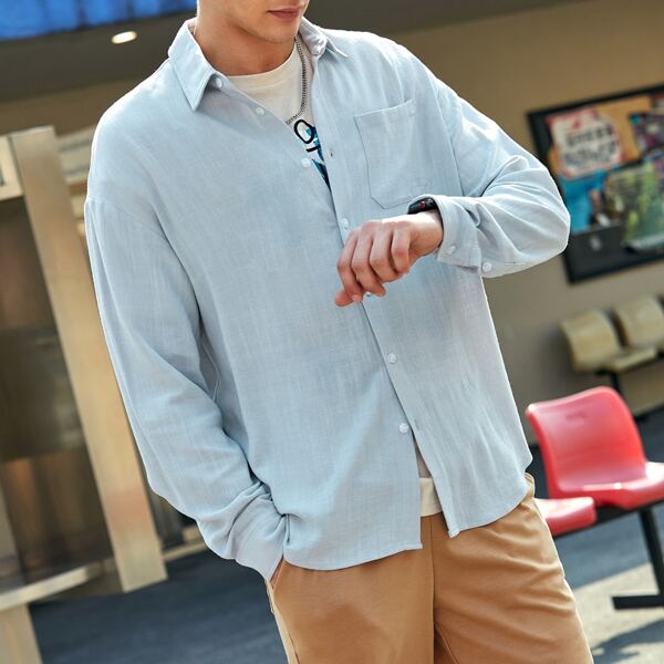 

Men Patch Pocket Button Placket Shirt, Baby blue